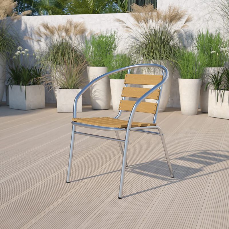 Flash Furniture Lila 4 Pack Commercial Aluminum Indoor-Outdoor Restaurant Stack Chair with Triple Slat Faux Teak Back