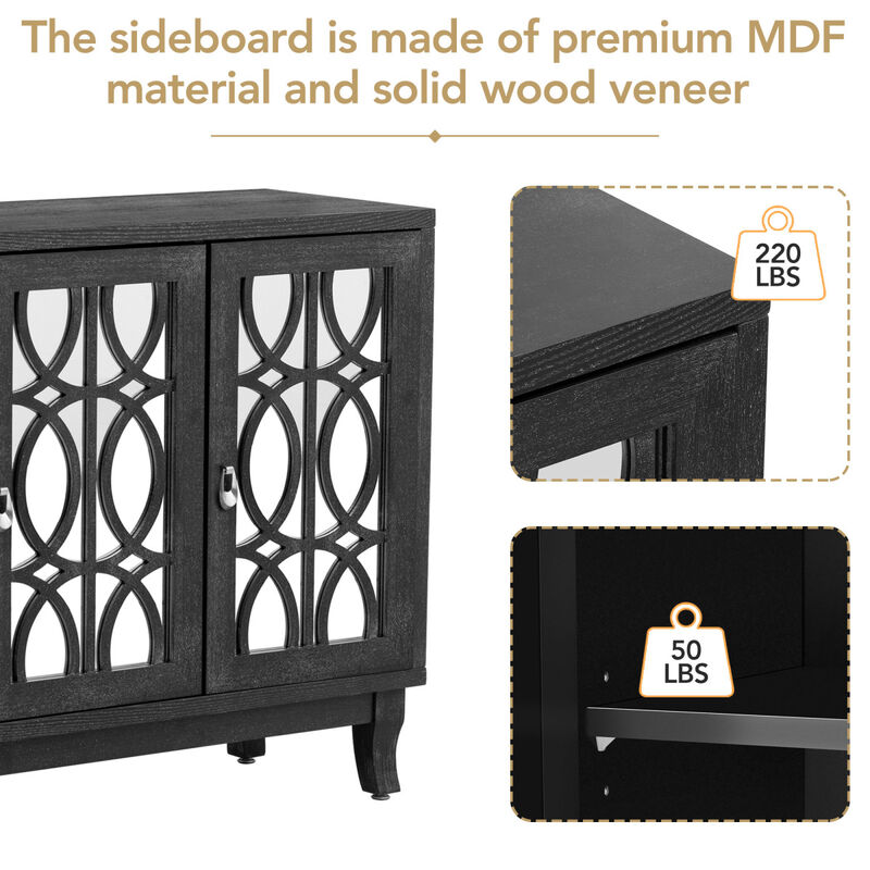 Sideboard With Glass Doors, 3 Door Mirrored Buffet Cabinet With Handle For Living Room