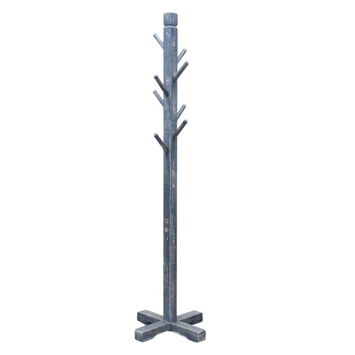 Rena Coat, Hat Rack Stand, 8 Wood Stems, 72 Inch Ocean Blue Mahogany - Benzara