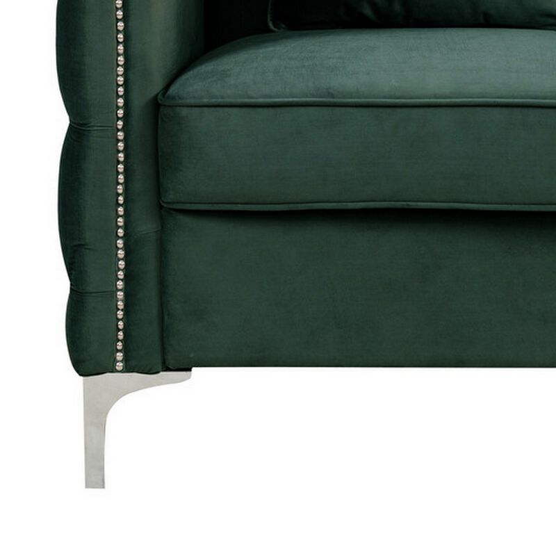 Zion 53 Inch Accent Loveseat, Nailhead Trim, Button Tufted, Green Velvet-Benzara