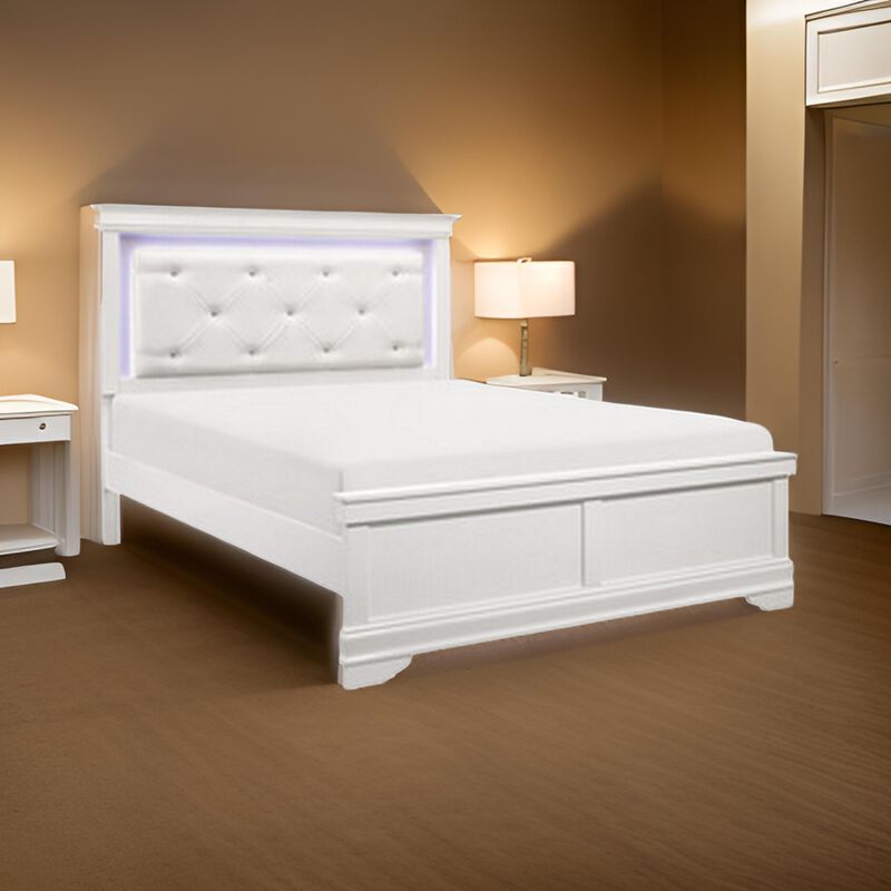 Teich Queen Bed, LED, Crystal Tufted Faux Leather Upholstery, White Wood - Benzara