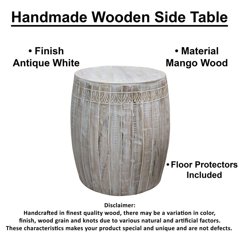 Serenity Barrel Side End Table with 18 Inch Round Top, In Antique White Mango Wood