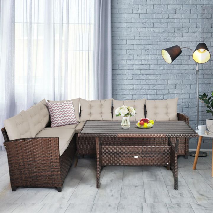 Hivvago 3 Pieces Hand-Woven Rattan Outdoor Sofa Set with Dining Table