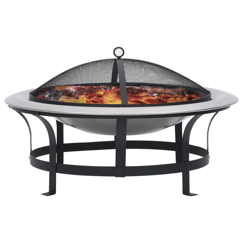 vidaXL Outdoor Fire Pit with Grill 29.9 Inch - Rust Resistant, Weatherproof Steel Construction, Safety Mesh, Wood-Handled Poker, Ideal for Deck, Patio, Backyard Use