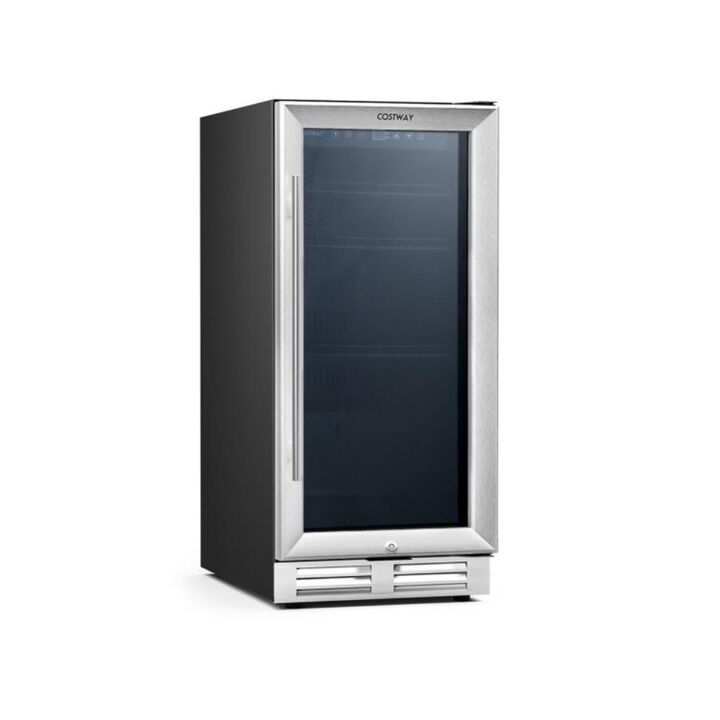 Costway 15 Inch 100 Can Built-in Freestanding Beverage Cooler Refrigerator with Adjustable Temperature and Shelf