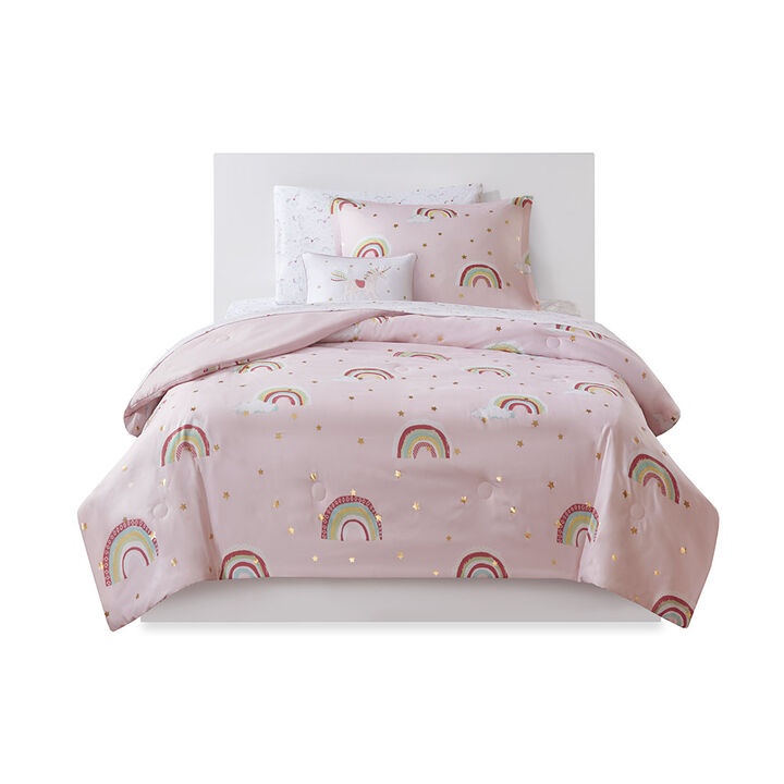 Gracie Mills Thyme Rainbow and Metallic Stars Comforter Set with Coordinating Bed Sheets