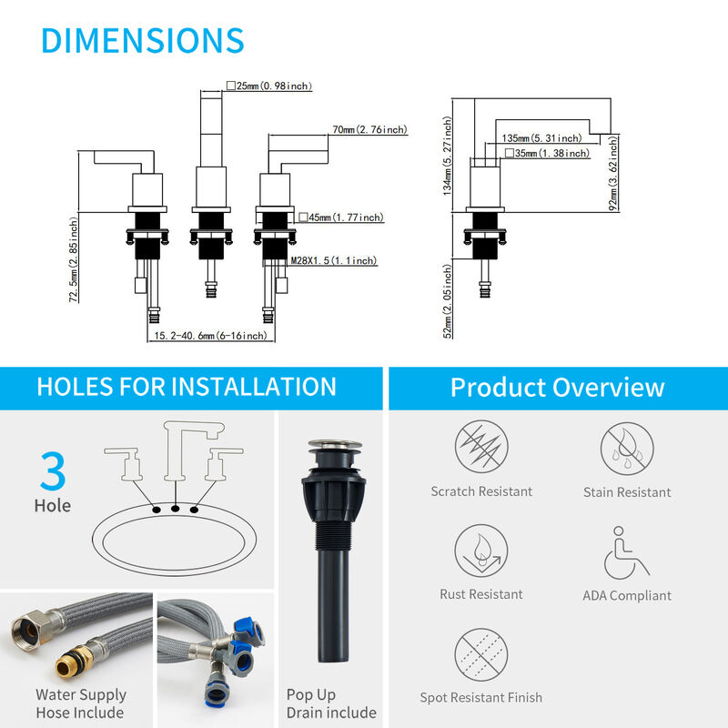 Modern  Brushed Nickel Waterfall Bathroom Faucet, 3-Hole Vanity Sink Faucet with Pop-Up Drain & Lead-Free Hose