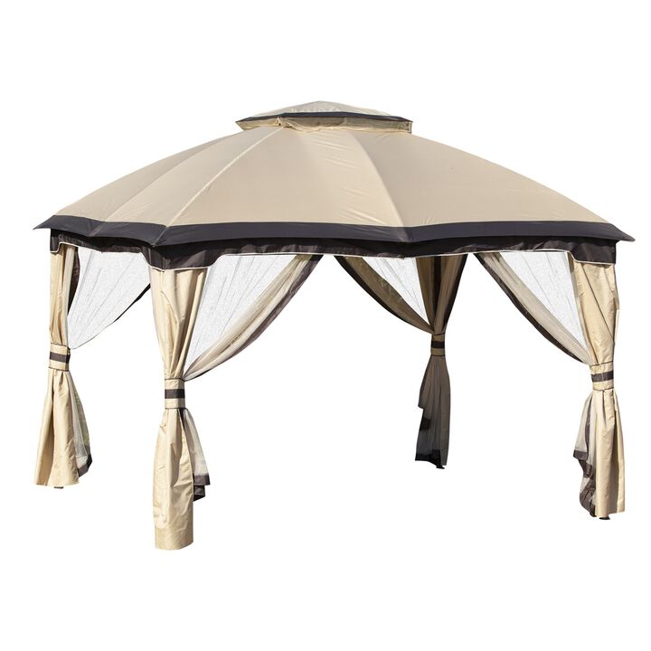 Beige Backyard Retreat: 10x12 Steel Frame Gazebo with Mesh Walls