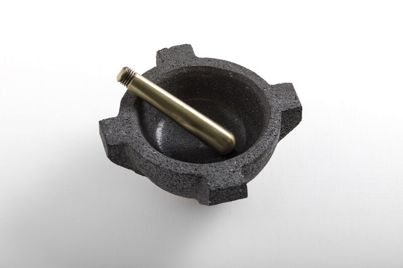 MORTERO Decorative Volcanic Stone Bowl with Aged Bronze Details by ANDEAN, In Stock