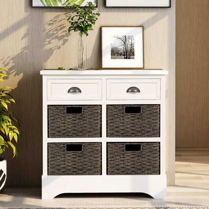 Rustic Storage Cabinet With Two Drawers And Four Classic Rattan Basket