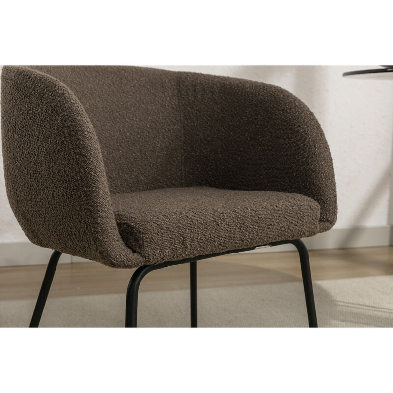 Set Of 1 Boucle Fabric Dining Chair With Black Metal Legs, Dark Brown