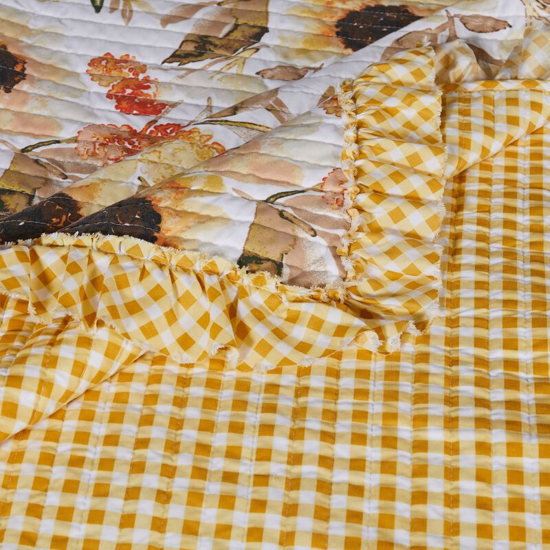 Kelsa 50 x 60 Channel Quilted Throw Blanket, Cotton Fill, Gold Sunflowers-Benzara