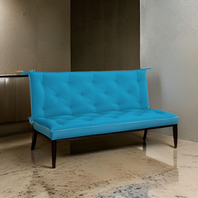 Claire Outdoor Cushion for Bench, 59 Inch Button Tufted Blue Fabric  - Benzara