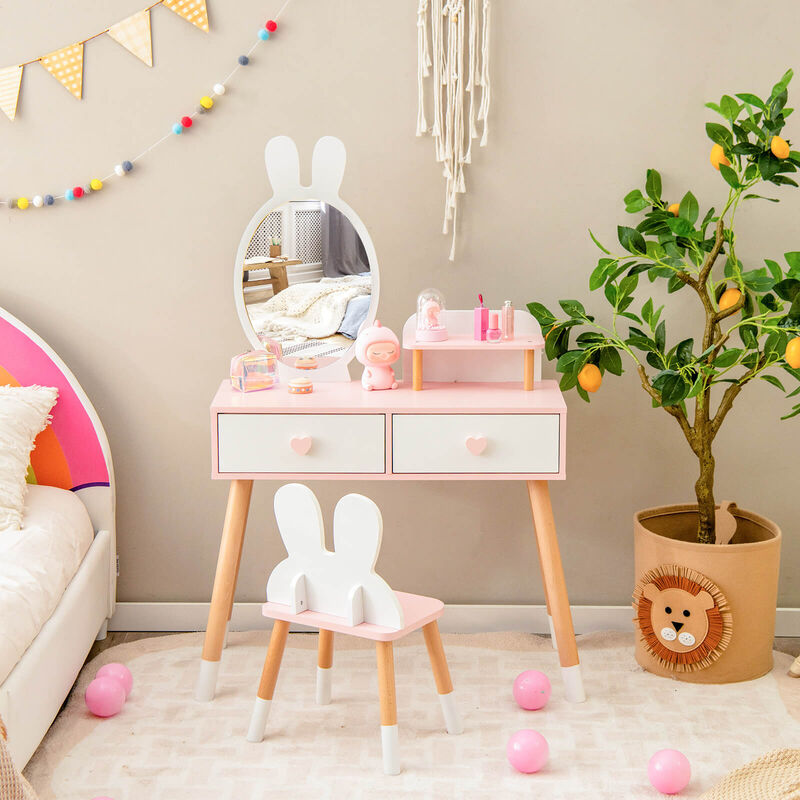 2 in 1 Wooden Princess Kids Vanity Set with Mirror