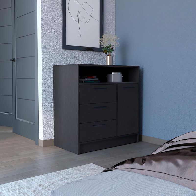 Dresser with Spacious 3-Drawer and Single-Door Storage Cabinet, Black