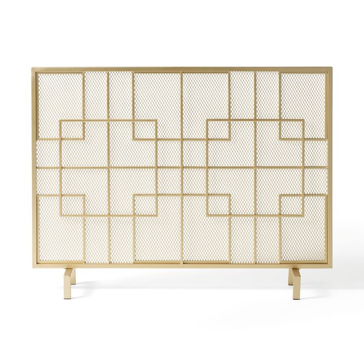 31x41 Fireplace Screen, Overlapping Square Design, Classic Gold Iron -Benzara