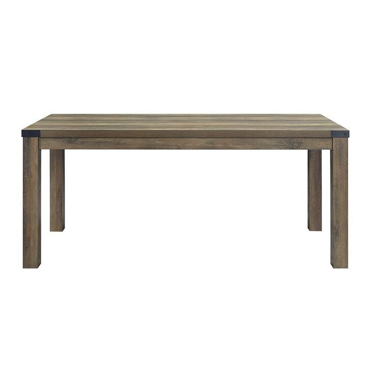 Eli 71 Inch Dining Table, Distressed Rustic Gray, Industrial Metal Rivets - Benzara