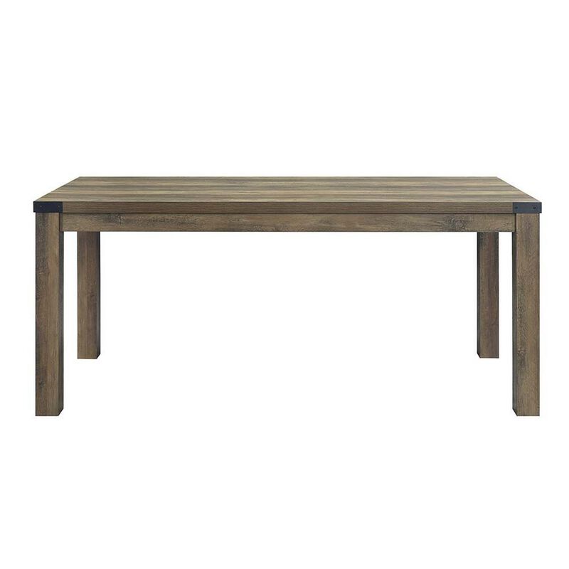 Eli 71 Inch Dining Table, Distressed Rustic Gray, Industrial Metal Rivets - Benzara
