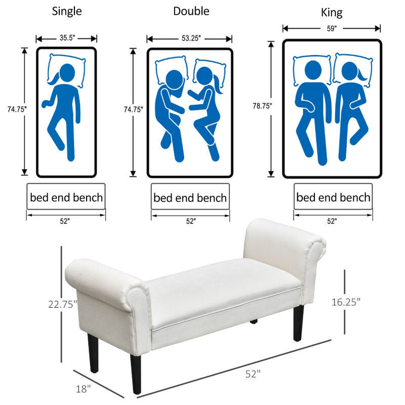 Cream Elegance: 52" Linen Ottoman Bench with Armrests