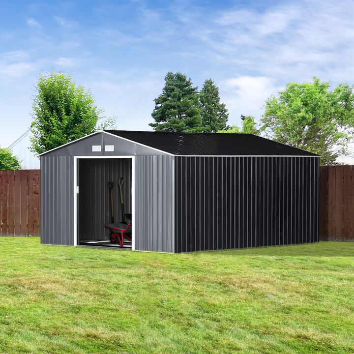 Dark Gray Garden Vault: 13'x11' Metal Shed with Sliding Doors & Vents