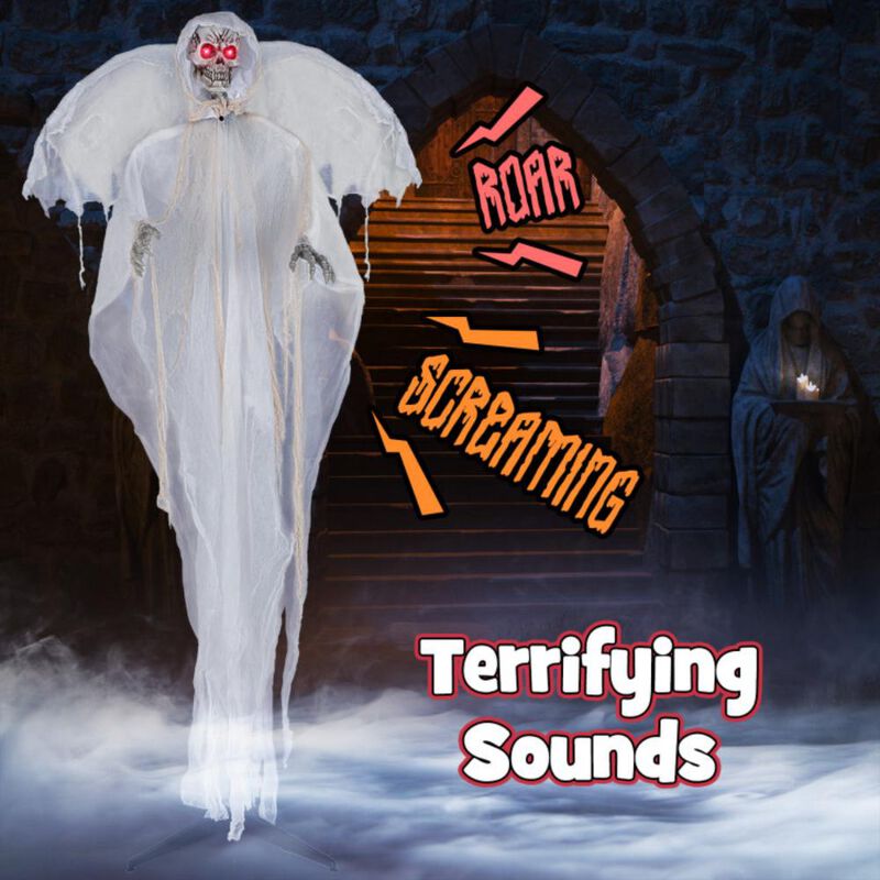 Hivvago 8.3 ft Halloween Standing Haunted Angel with Lighted Eyes and Automatic Wing Movement