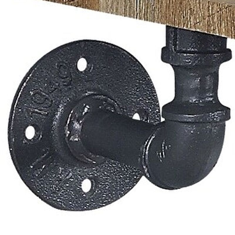 Ley 18 Inch Wood Wall Mount Shelf, Metal Pipe Design, Brown, Black-Benzara