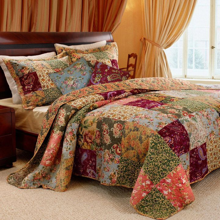 Hivvago King 100% Cotton Floral Paisley Quilt Set w/ 2 Shams & 2 Pillows