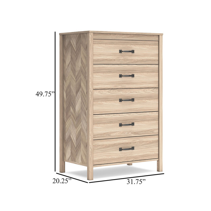 Bette Tall Dresser Chest, 5 Drawers, Light Oak Brown Finish, 60 Inch - Benzara