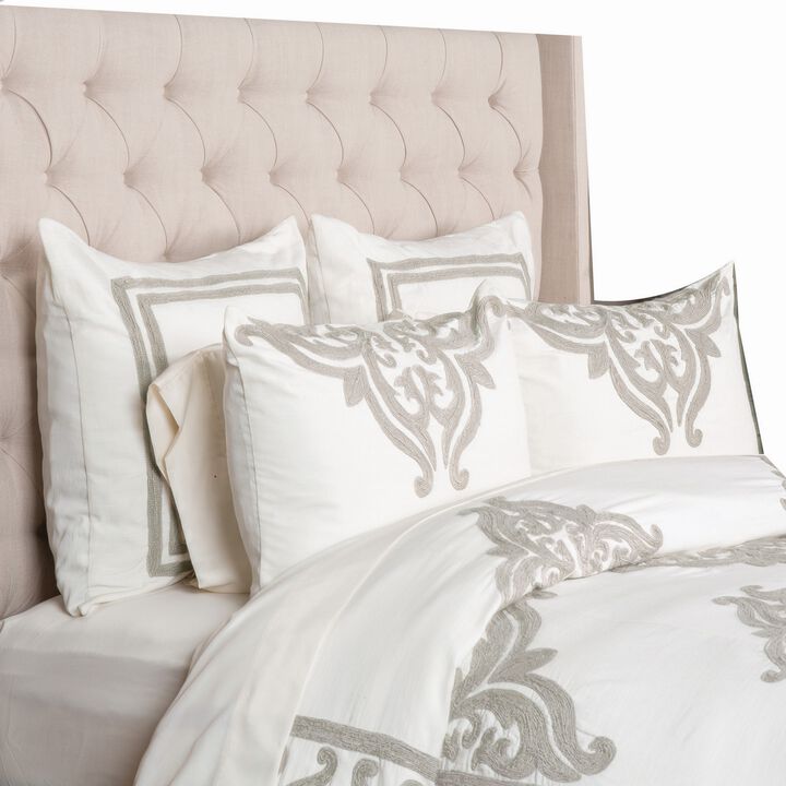 Lenz 26 Inch Cotton Euro Pillow Sham with Hand Stitched Embroidery, Ivory-Benzara