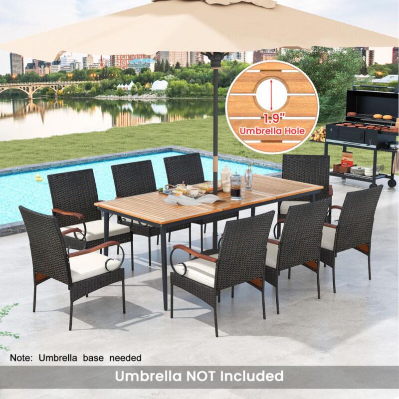 Hivvago 79 Inch Outdoor Dining Table and 8 Rattan-woven Dining Chairs with Acacia Wood Tabletop