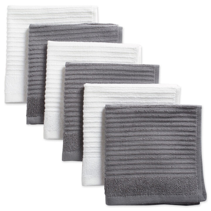 Set of 6 Gray and White Ribbed Square Dishcloths 12"