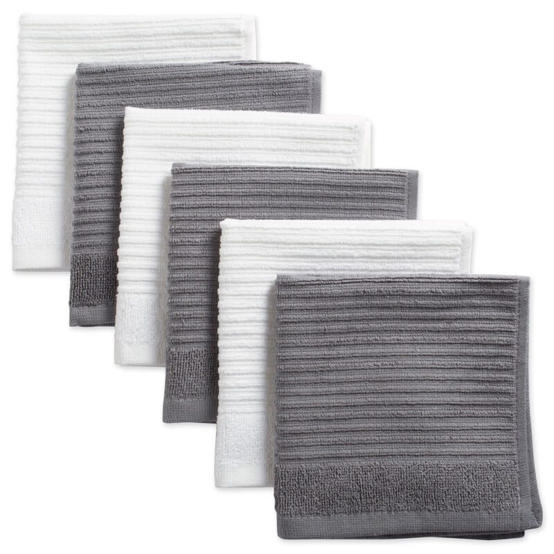 Set of 6 Gray and White Ribbed Square Dishcloths 12"