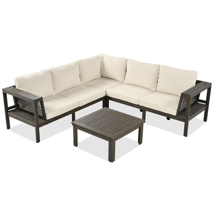Whisen 4-Piece Acacia Wood Outdoor L-Shaped Sofa Set with Woven Mesh Armrests and Coffee Table