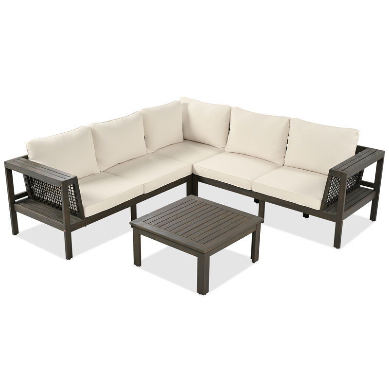 Whisen 4-Piece Acacia Wood Outdoor L-Shaped Sofa Set with Woven Mesh Armrests and Coffee Table