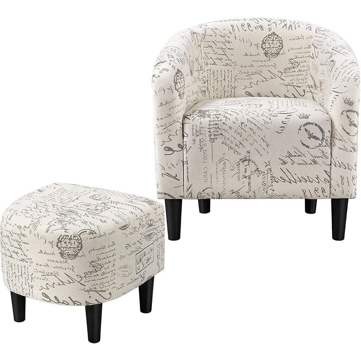 Hivvago Letter Print French Upholstered Barrel Chair and Ottoman Set