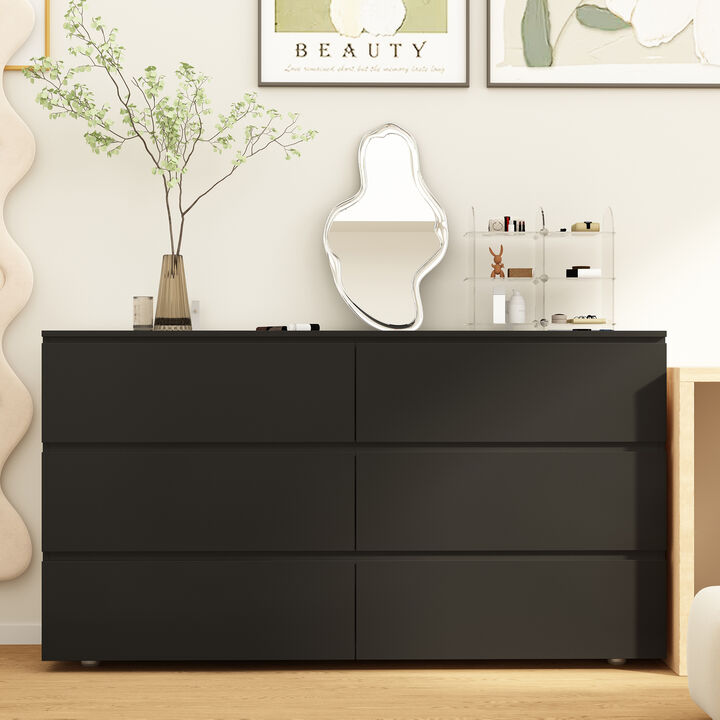 59" L Modern Wood Storage Dresser Chest with 6 Drawers, Double Chest, Anti-Skid Legs & Wide Storage Space for Bedroom, Living Room, Black