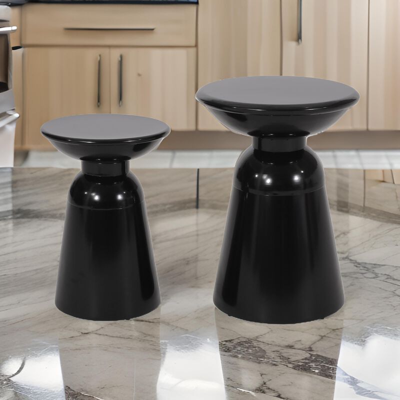 Side End Table Set of 2, Round Taper Top, Pedestal Base, Black Metal - Benzara