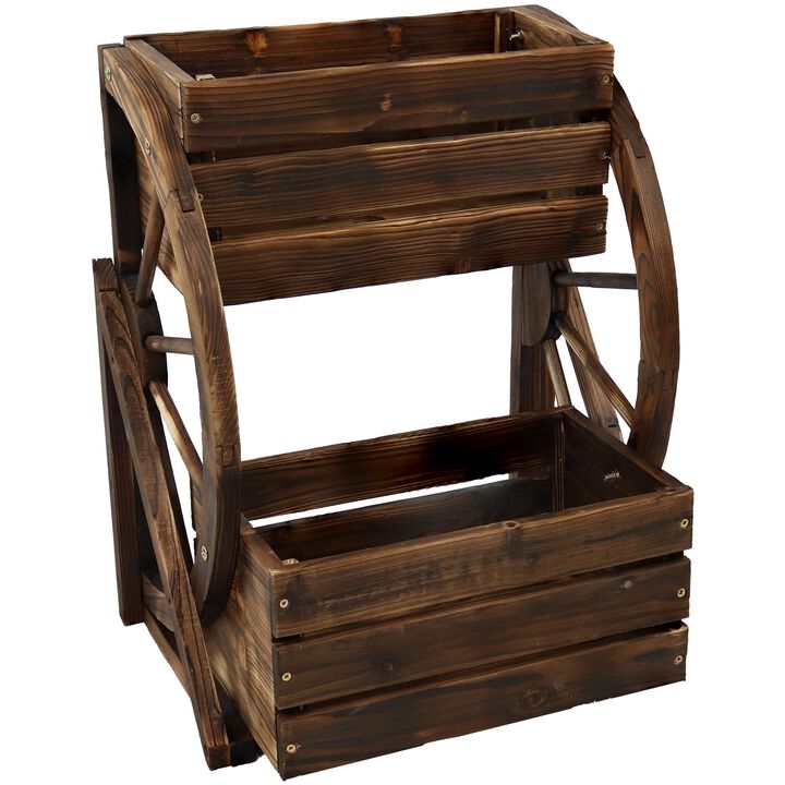 Sunnydaze 2-Tier Fir Wood Wagon Wheel Planter - Charred Fir