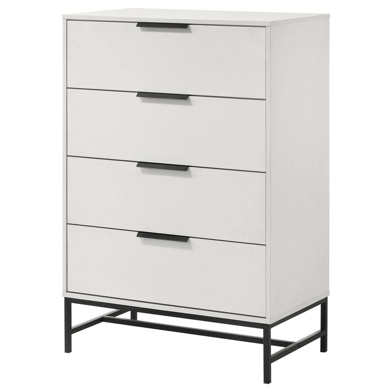 Noro Tall Dresser Chest, 4 Storage Drawers, Modern White, Black Metal - Benzara