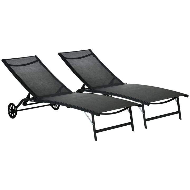 Black Outdoor Recliners: Set of 2 Patio Chaise Lounges with Wheels