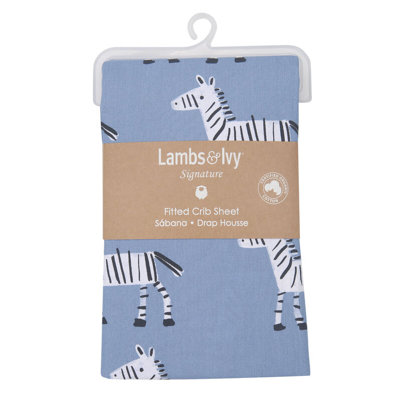 Lambs & Ivy Signature Zebra Blue Organic Cotton 2-Pack Fitted Crib Sheets