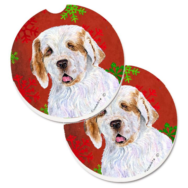 Caroline's Treasures Clumber Spaniel Red & green Snowflakes Holiday Christmas Set of 2 Cup Holder Car Coasters SS4707CARC, 2.56, Multicolor