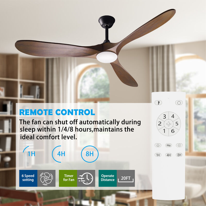 60 in. Integrated LED Indoor Brown Wood Ceiling Fan with Light Kit, 3 Wood Blades, Remote Control, 6-Speed Adjustable