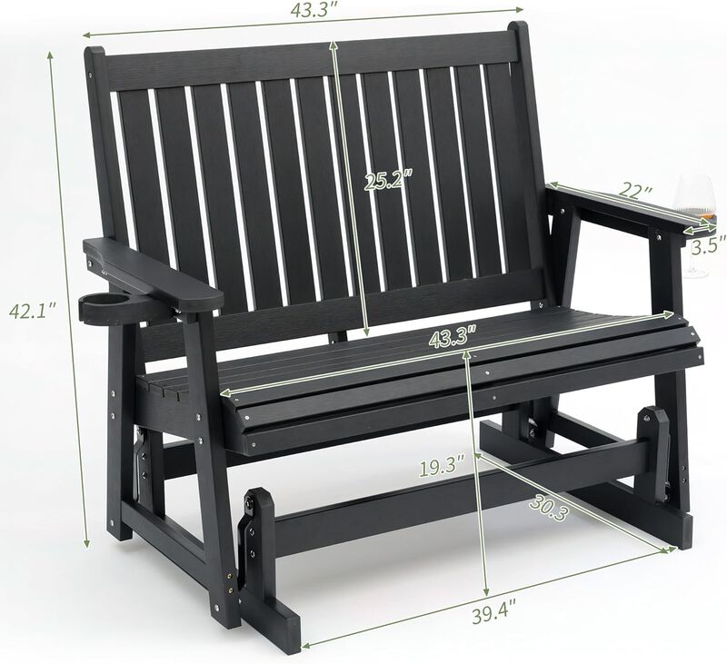 Poly Lumber Patio Glider Two Seat with Cup Holders, Durable HIPS Material, All-Weather Resistant, High Backest and Deep Contoured Seat, Heavy Duty 900 LB, for Outdoor, Porch, Patio (Carbon Black)