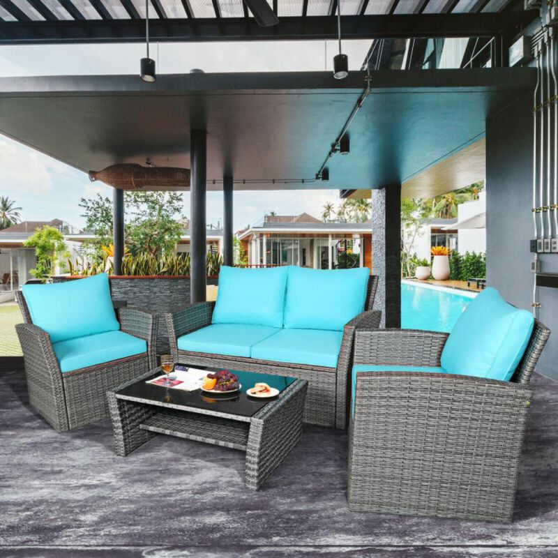 Hivvago 4 Pieces Patio Rattan Furniture Set Sofa Table with Storage Shelf Cushion