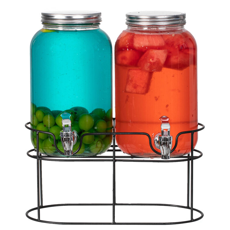Basicwise 2-Pcs Versatile Glass Drink Dispenser Set with Metal Stand and Stainless Steel Spigots - Ideal for Serving Beverages, Water, Lemonade and Juice at Picnics, Camping Trips, Wedding and Parties