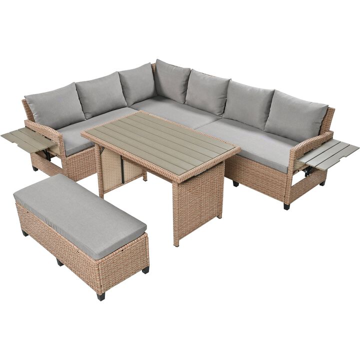 Mondawe Outdoor 5-Piece All-Weather PE Rattan Sofa Set,Garden Patio Sofa With Extendable Tables