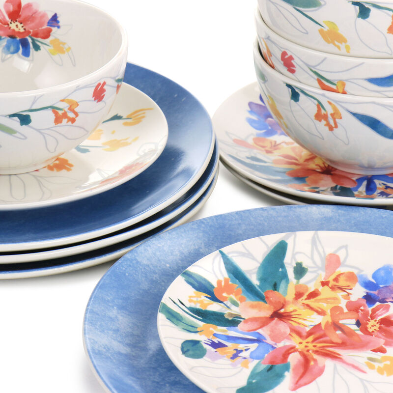 Spice by Tia Mowry Goji Blossom 12 Piece Fine Ceramic Dinnerware Set in Blue