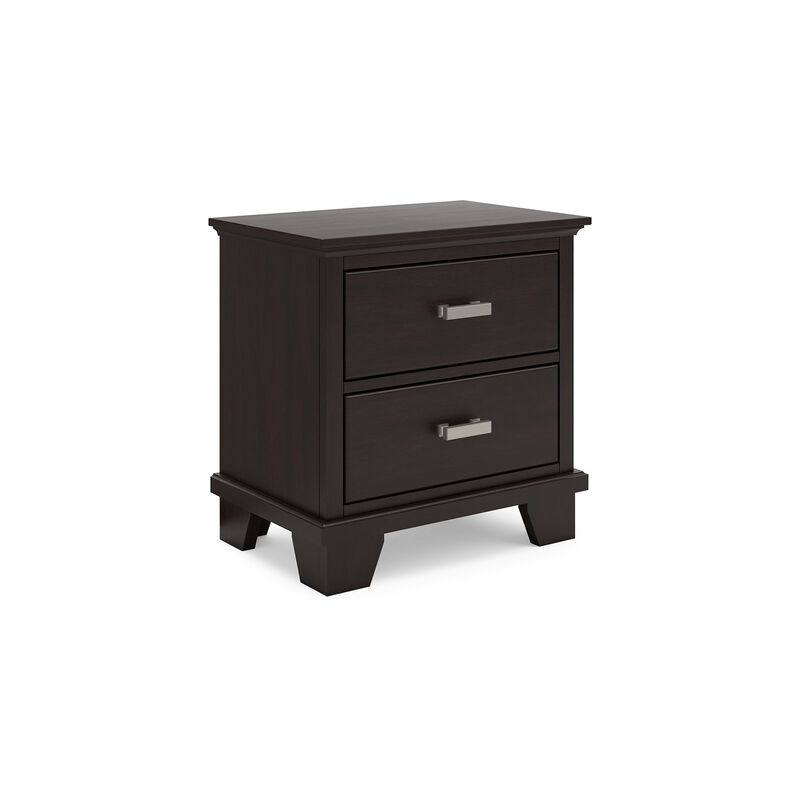 Teno Nightstand, 2 Drawers, Nickel Handles, Dark Brown Solid Hardwood - Benzara