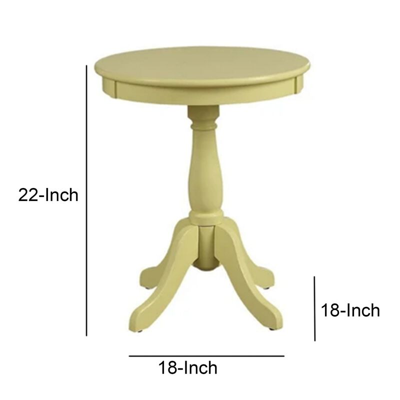 Traditional Style Wooden Round Side Table with Turned Pedestal Base, Yellow-Benzara